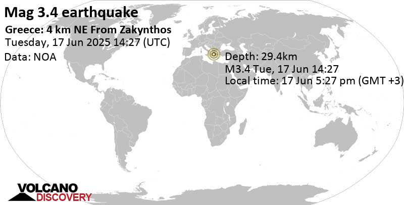 3.4 quake Ionian Sea, 14 km east of Zakynthos Island, Greece, Jun 17, 2025 05:27 pm (GMT +3)