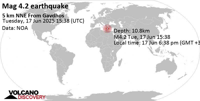 4.2 quake Eastern Mediterranean, 4 km north of Nisi Gavdos Island, Chania, Crete, Greece, Jun 17, 2025 06:38 pm (Athens time)
