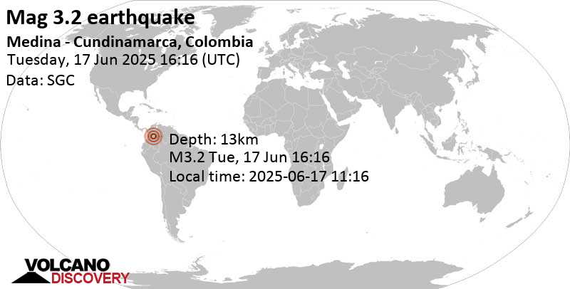 3.2 quake Cundinamarca, 58 km northwest of Puerto Lopez, Departamento del Meta, Colombia, Jun 17, 2025 11:16 am (GMT -5)