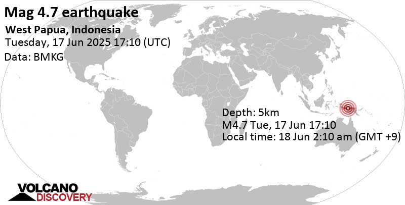 4.7 quake Kabupaten Yahukimo, South Papua, 59 km southeast of Wamena, Indonesia, Jun 18, 2025 02:10 am (Jayapura time)