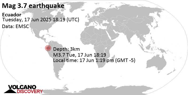 3.7 quake 54 km east of Latacunga, Provincia de Cotopaxi, Ecuador, Jun 17, 2025 01:19 pm (Guayaquil time)