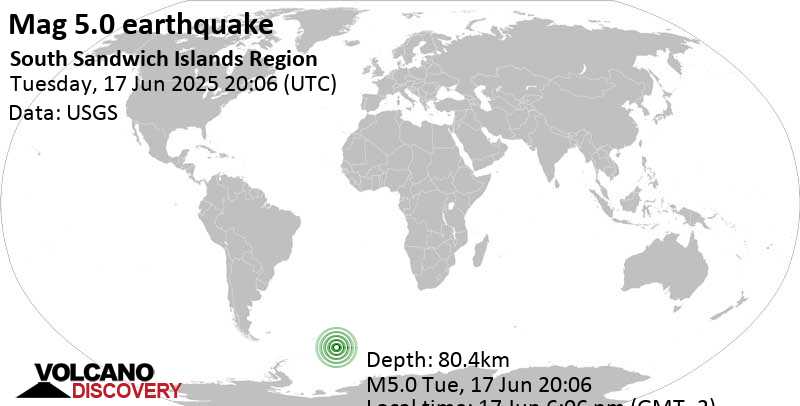 5.0 quake South Atlantic Ocean, 80 km northeast of Montagu Island, South Georgia and the South Sandwich Islands, Jun 17, 2025 06:06 pm (GMT -2)