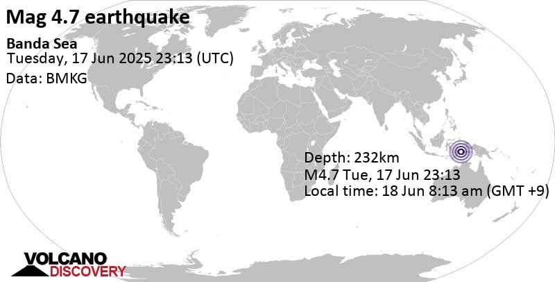 4.7 quake Banda Sea, 115 km northeast of Pulau Damar Island, Maluku, Indonesia, Jun 18, 2025 08:13 am (GMT +9)