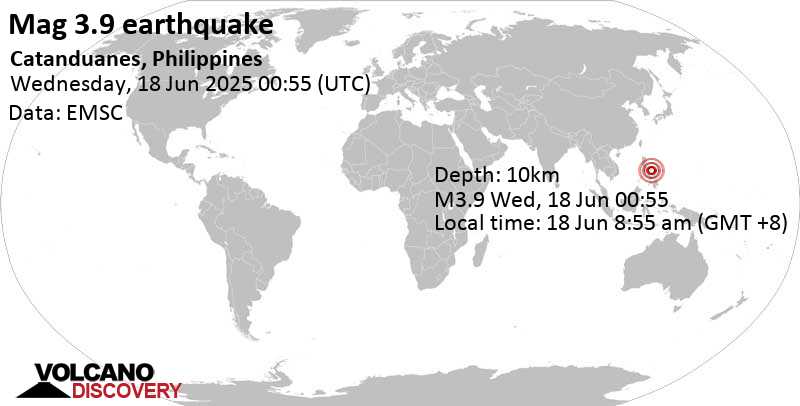 3.9 quake Philippine Sea, 12 km southwest of Rapu Rapu Island, Philippines, Jun 18, 2025 08:55 am (Manila time)