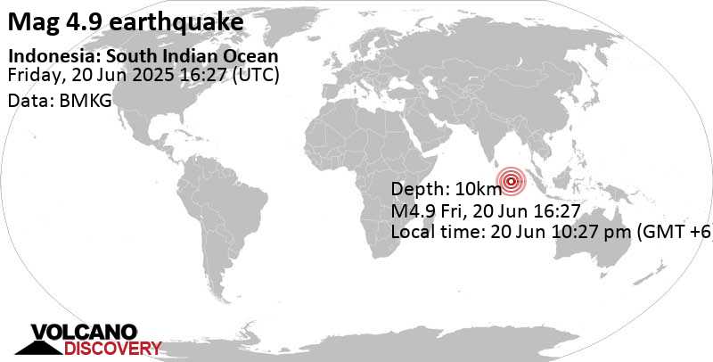 4.9 quake Indonesia: South Indian Ocean Jun 20, 2025 10:27 pm (GMT +6)