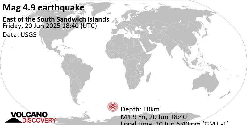 4.9 quake East of the South Sandwich Islands Jun 20, 2025 05:40 pm (GMT -1)
