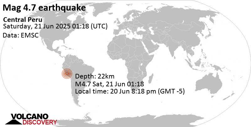 4.7 quake Huancavelica, 49 km northwest of Ayacucho, Ayacucho, Peru, Jun 20, 2025 08:18 pm (Lima time)