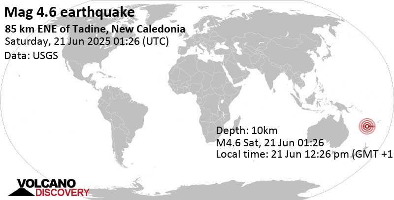 4.6 quake Coral Sea, 74 km northeast of Mare Island, Loyalty Islands, New Caledonia, Jun 21, 2025 12:26 pm (GMT +11)