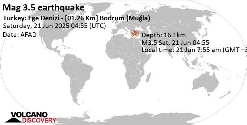 3.5 quake 13 km southwest of Bodrum, Mugla, Turkey, Jun 21, 2025 07:55 am (Istanbul time)