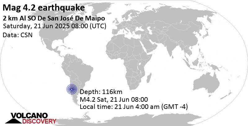 4.2 quake Cordillera, 35 km southeast of Santiago, Santiago, Santiago Metropolitan, Chile, Jun 21, 2025 05:00 am (Santiago time)