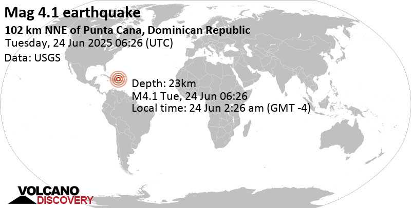 4.1 quake North Atlantic Ocean, 117 km northeast of Salvaleon de Higueey, Dominican Republic, Jun 24, 2025 02:26 am (GMT -4)