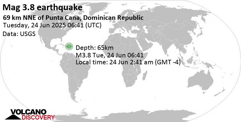 3.8 quake North Atlantic Ocean, 70 km northeast of Punta Cana, Dominican Republic, Jun 24, 2025 02:41 am (GMT -4)