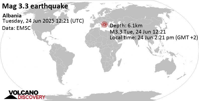 3.3 quake 17 km west of Tirana, Tirana, Albania, Jun 24, 2025 02:21 pm (Tirane time)