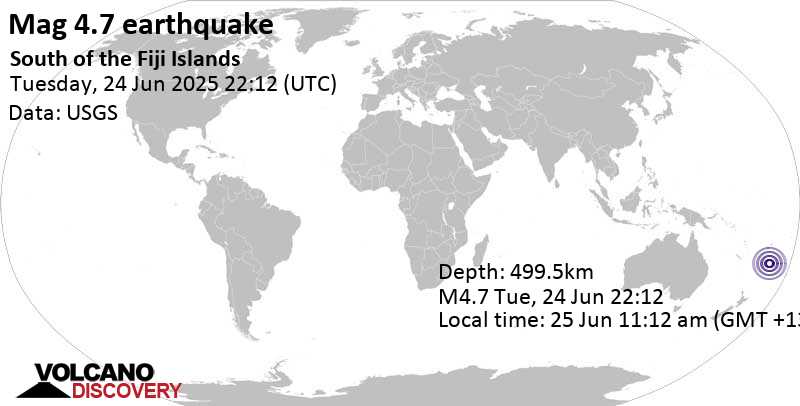 4.7 quake South Pacific Ocean, Fiji, Jun 25, 2025 11:12 am (GMT +13)