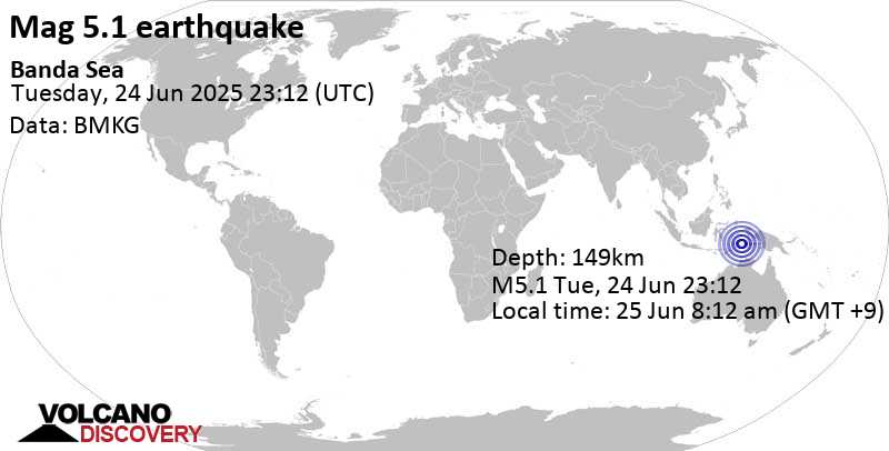 5.1 quake Banda Sea, 127 km northwest of Pulau Maru Island, Maluku, Indonesia, Jun 25, 2025 08:12 am (GMT +9)