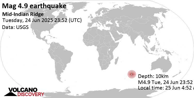 4.9 quake Mid-Indian Ridge Jun 25, 2025 04:52 am (GMT +5)