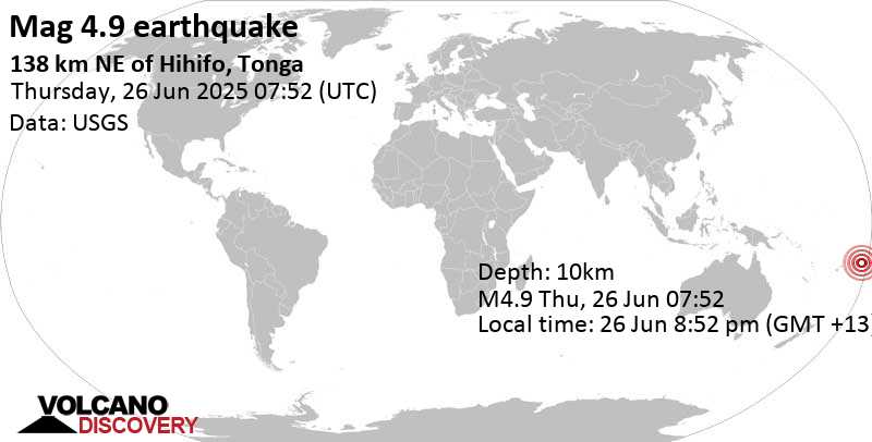 4.9 quake South Pacific Ocean, 184 km southwest of Apia, Tuamasaga, Samoa, Jun 26, 2025 08:52 pm (GMT +13)