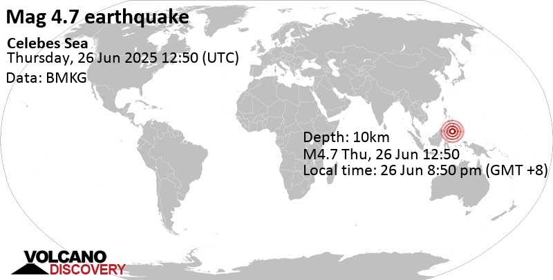 4.7 quake Celebes Sea, 184 km northwest of Sangihe Besar Island, Sulawesi Utara, Indonesia, Jun 26, 2025 08:50 pm (GMT +8)