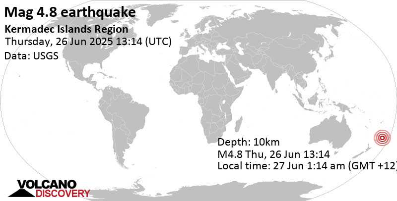 4.8 quake South Pacific Ocean, 145 km southeast of Raoul Island, New Zealand, Jun 27, 2025 01:14 am (GMT +12)