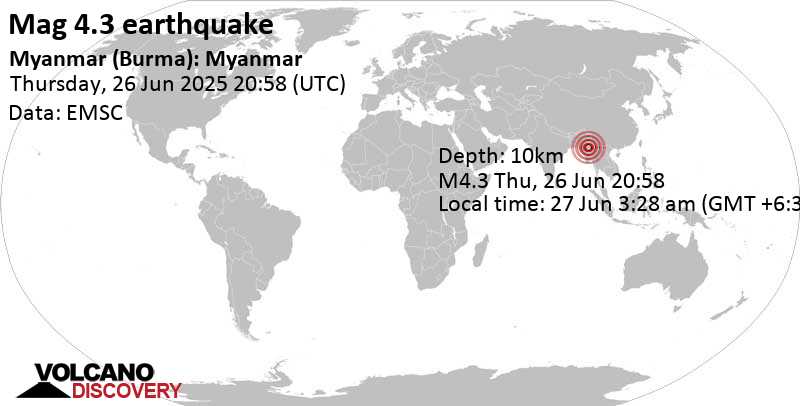 4.3 quake Nay Pyi Taw, 20 km southwest of Pyin Oo Lwin, Mandalay Region, Myanmar, Jun 27, 2025 03:28 am (Yangon time)