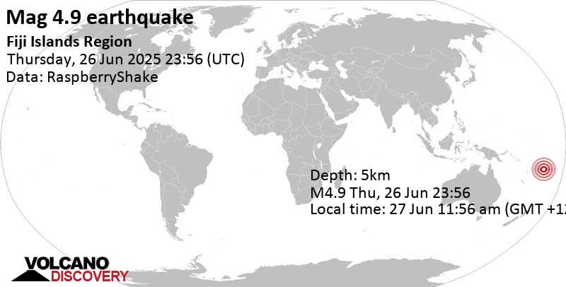 4.9 quake South Pacific Ocean, 223 km south of Rotuma Island, Rotuma, Fiji, Jun 27, 2025 11:56 am (GMT +12)