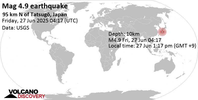 4.9 quake East China Sea, Kagoshima-ken, 46 km southwest of Suwanose-jima Island, Japan, Jun 27, 2025 01:17 pm (GMT +9)
