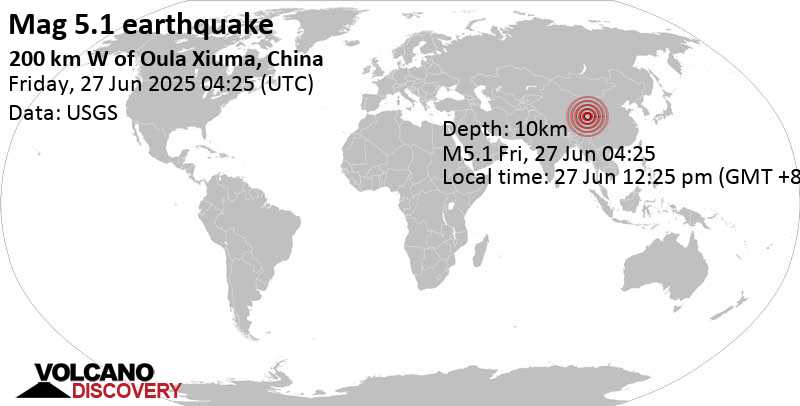 5.1 quake 346 km southwest of Xining, Qinghai, China, Jun 27, 2025 12:25 pm (Shanghai time)