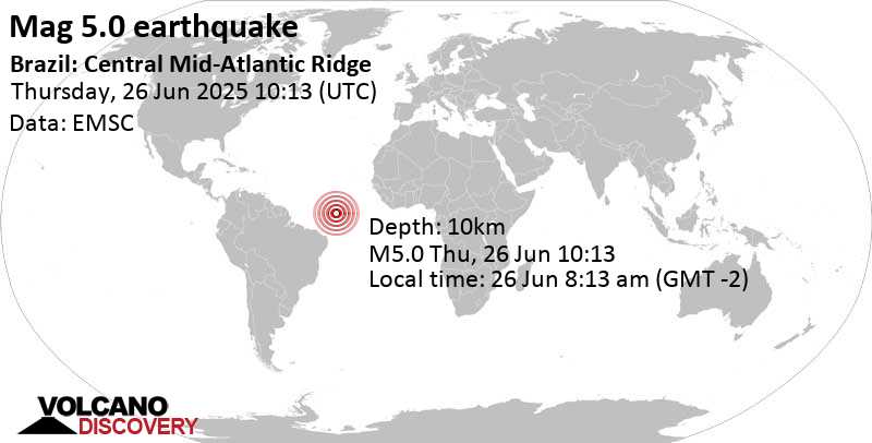 5.0 quake Brazil: Central Mid-Atlantic Ridge Jun 26, 2025 08:13 am (GMT -2)