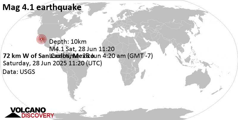 4.1 quake 86 km west of Guaymas, Estado de Sonora, Mexico, Jun 28, 2025 04:20 am (GMT -7)