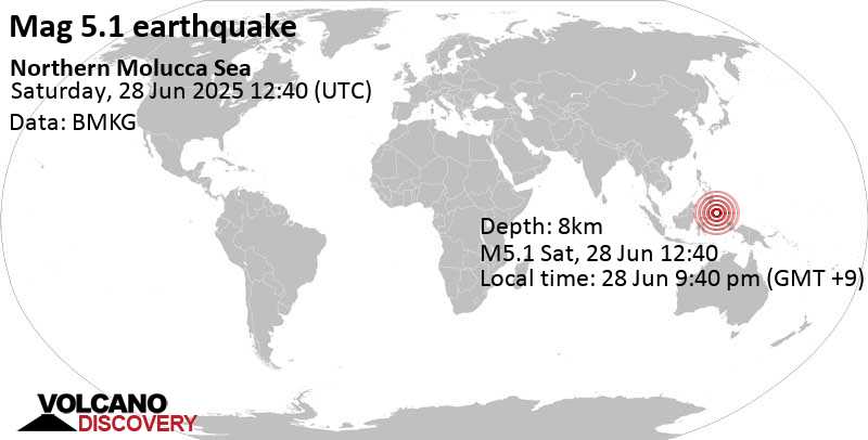 5.1 quake Maluku Sea, 77 km northwest of Pulau Doi Island, North Maluku, Indonesia, Jun 28, 2025 09:40 pm (GMT +9)