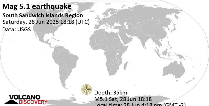 5.1 quake South Atlantic Ocean, 103 km north of Visokoi Island, South Georgia and the South Sandwich Islands, Jun 28, 2025 04:18 pm (GMT -2)
