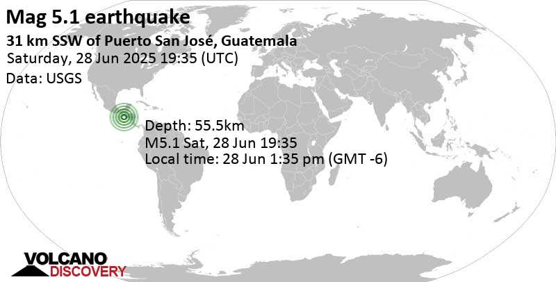 5.1 quake North Pacific Ocean, 31 km southwest of Puerto San Jose, Guatemala, Jun 28, 2025 01:35 pm (GMT -6)