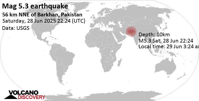 5.3 quake Balochistan, 91 km northwest of Dera Ghazi Khan, Punjab Province, Pakistan, Jun 29, 2025 03:24 am (GMT +5)