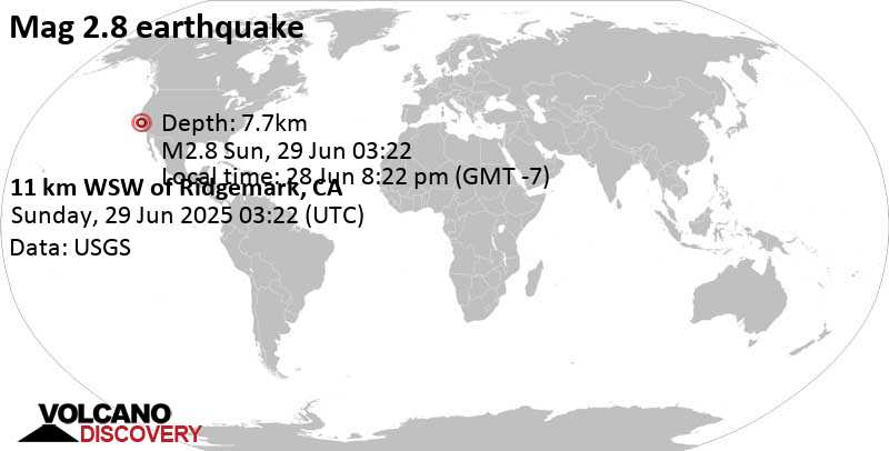 2.8 quake San Benito County, 12 mi east of Salinas, Monterey County, California, United States, Jun 28, 2025 08:22 pm (GMT -7)