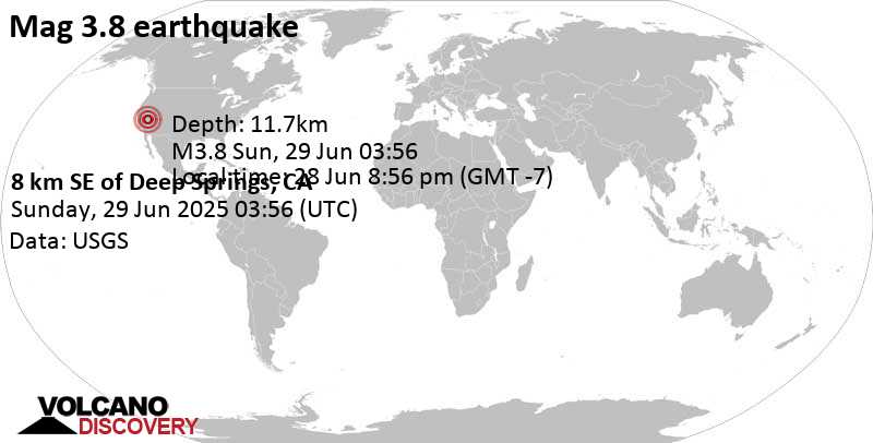 3.8 quake 26 mi east of Bishop, Inyo County, California, United States, Jun 28, 2025 08:56 pm (Los Angeles time)