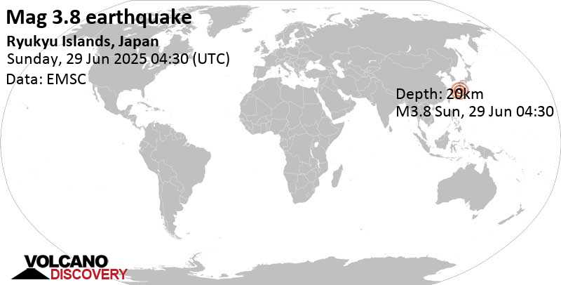 3.8 quake East China Sea, Kagoshima-ken, 48 km southwest of Suwanose-jima Island, Japan, Jun 29, 2025 01:30 pm (GMT +9)