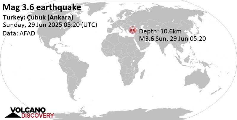 3.6 quake 35 km north of Ankara, Ankara, Turkey, Jun 29, 2025 08:20 am (Istanbul time)
