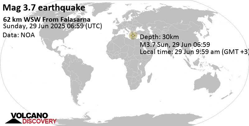3.7 quake Eastern Mediterranean, 68 km west of Kissamos, Chania, Crete, Greece, Jun 29, 2025 09:59 am (GMT +3)