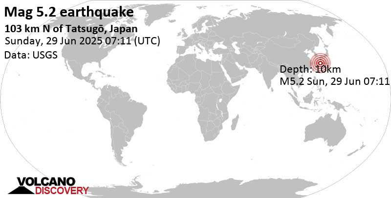 5.2 quake East China Sea, Kagoshima-ken, 40 km southwest of Suwanose-jima Island, Japan, Jun 29, 2025 04:11 pm (GMT +9)