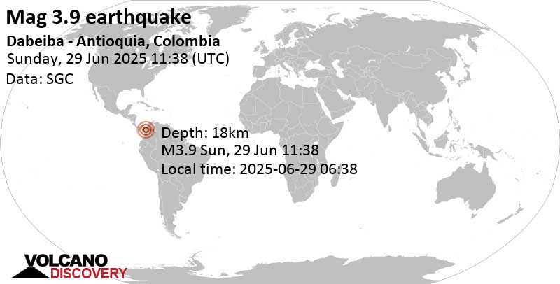 3.9 quake 18 km northwest of Dabeiba, Antioquia, Colombia, Jun 29, 2025 06:38 am (Bogota time)