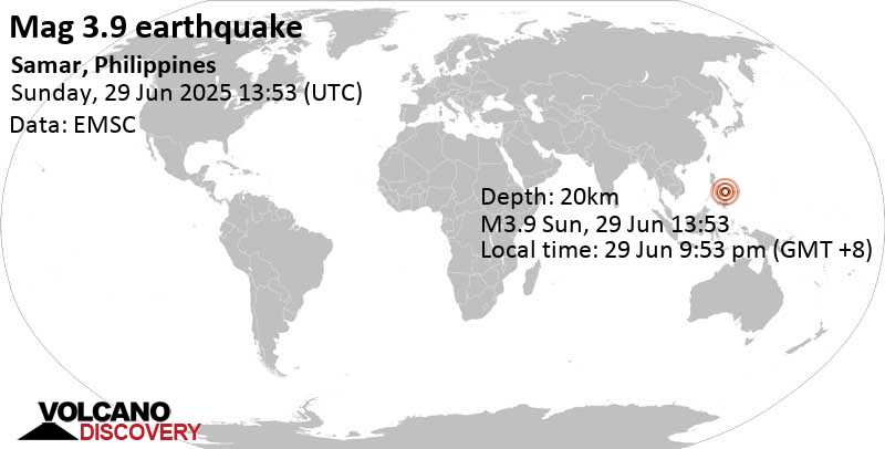 3.9 quake Philippine Sea, 29 km northeast of Borongan, Philippines, Jun 29, 2025 09:53 pm (Manila time)