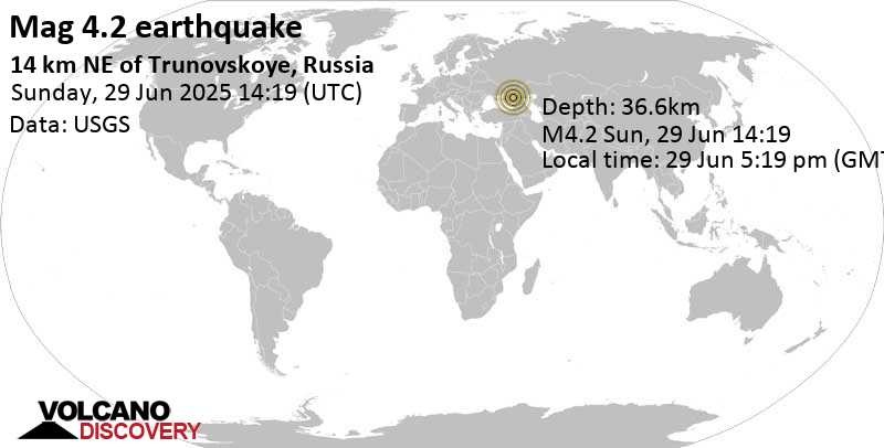 4.2 quake 27 km northeast of Donskoye, Stavropol Kray, Russia, Jun 29, 2025 05:19 pm (Moscow time)