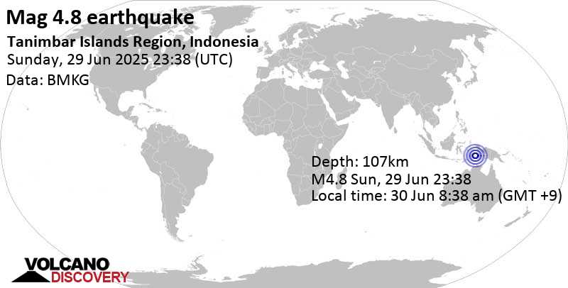 4.8 quake Banda Sea, 37 km north of Pulau Molu Island, Maluku, Indonesia, Jun 30, 2025 08:38 am (GMT +9)