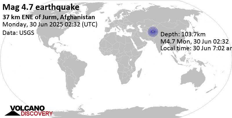 4.7 quake Badakhshan, Afghanistan, Jun 30, 2025 07:02 am (GMT +4:30)