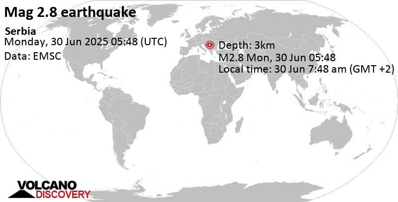 2.8 quake 23 km south of Belgrade, Central Serbia, Serbia, Jun 30, 2025 07:48 am (GMT +2)