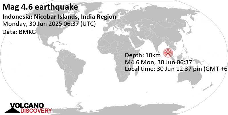 4.6 quake Andaman Sea, 72 km north of Sabang, Indonesia, Jun 30, 2025 01:37 pm (GMT +7)