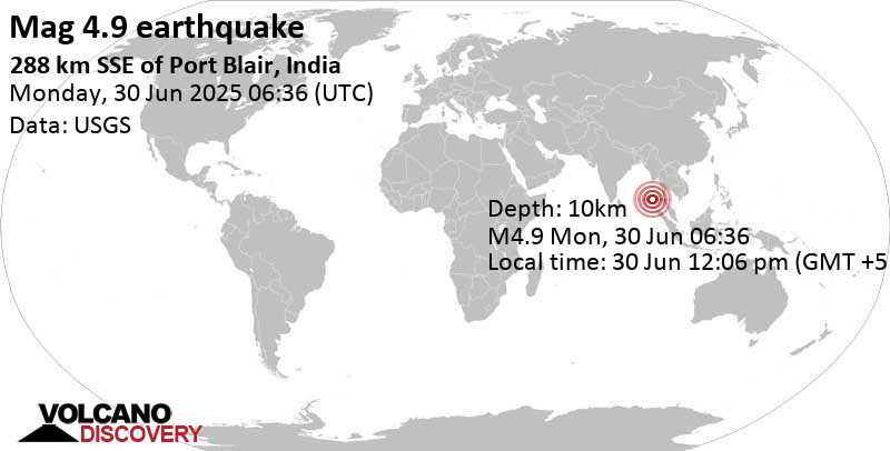 4.9 quake Andaman Sea, 142 km north of Trinkat Island, India, Jun 30, 2025 12:06 pm (GMT +5:30)