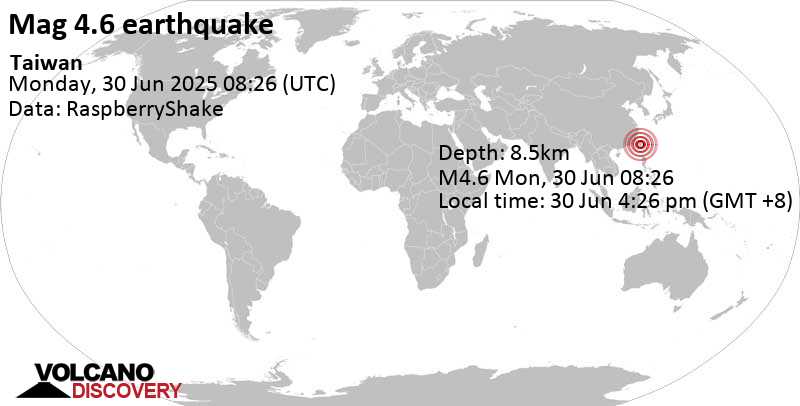 4.6 quake 29 km south of Chiayi City, Taiwan, Jun 30, 2025 04:26 pm (Taipei time)