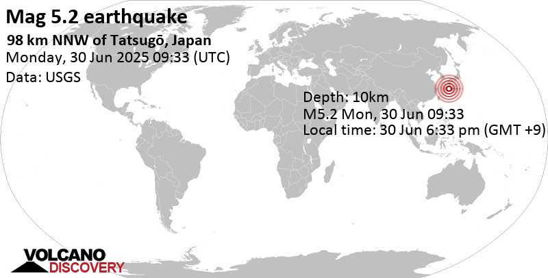 5.2 quake East China Sea, Kagoshima-ken, 47 km southwest of Suwanose-jima Island, Japan, Jun 30, 2025 06:33 pm (GMT +9)