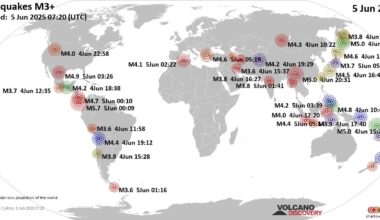 Worldwide earthquakes above magnitude 3 during the past 24 hours on  5 Jun 2025